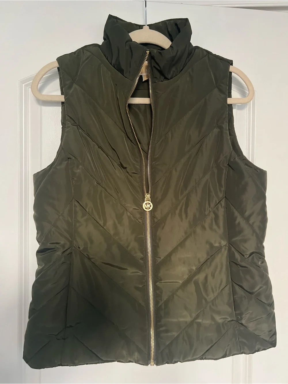 Michael Kors Olive Quilted High-Collar Puffer Vest with Gold Zip